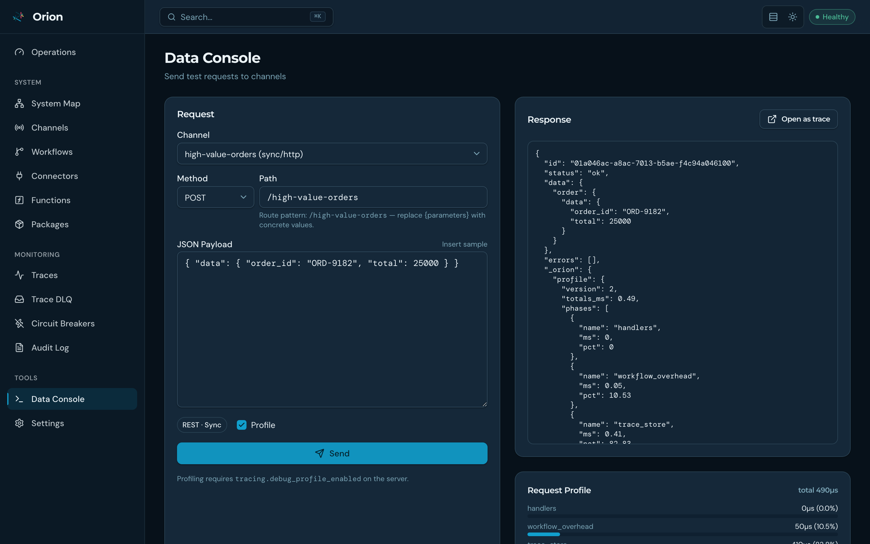 Data Console: send a test request to a channel and inspect the response, per-task timings, and trace