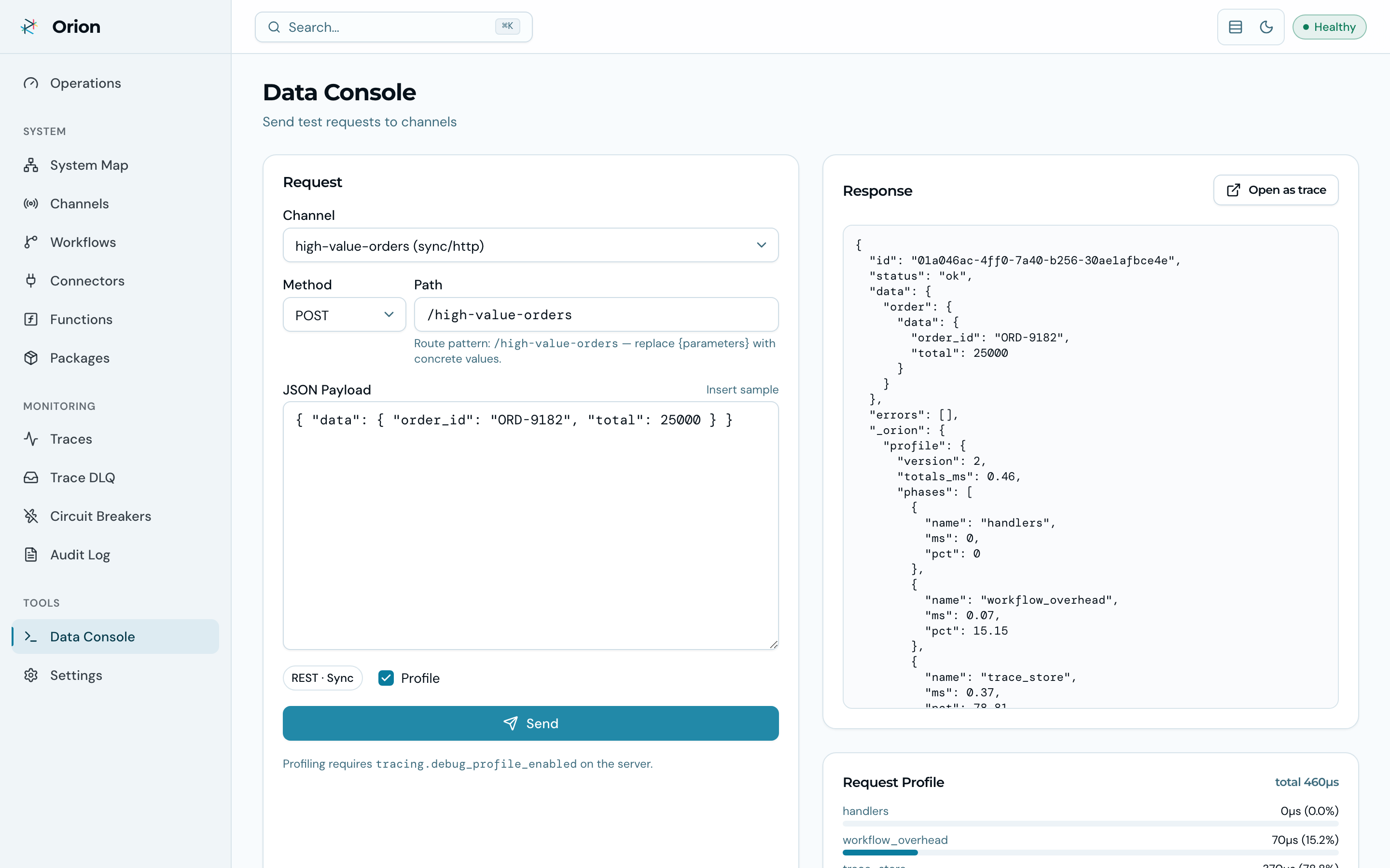 Data Console: send a test request to a channel and inspect the response, per-task timings, and trace