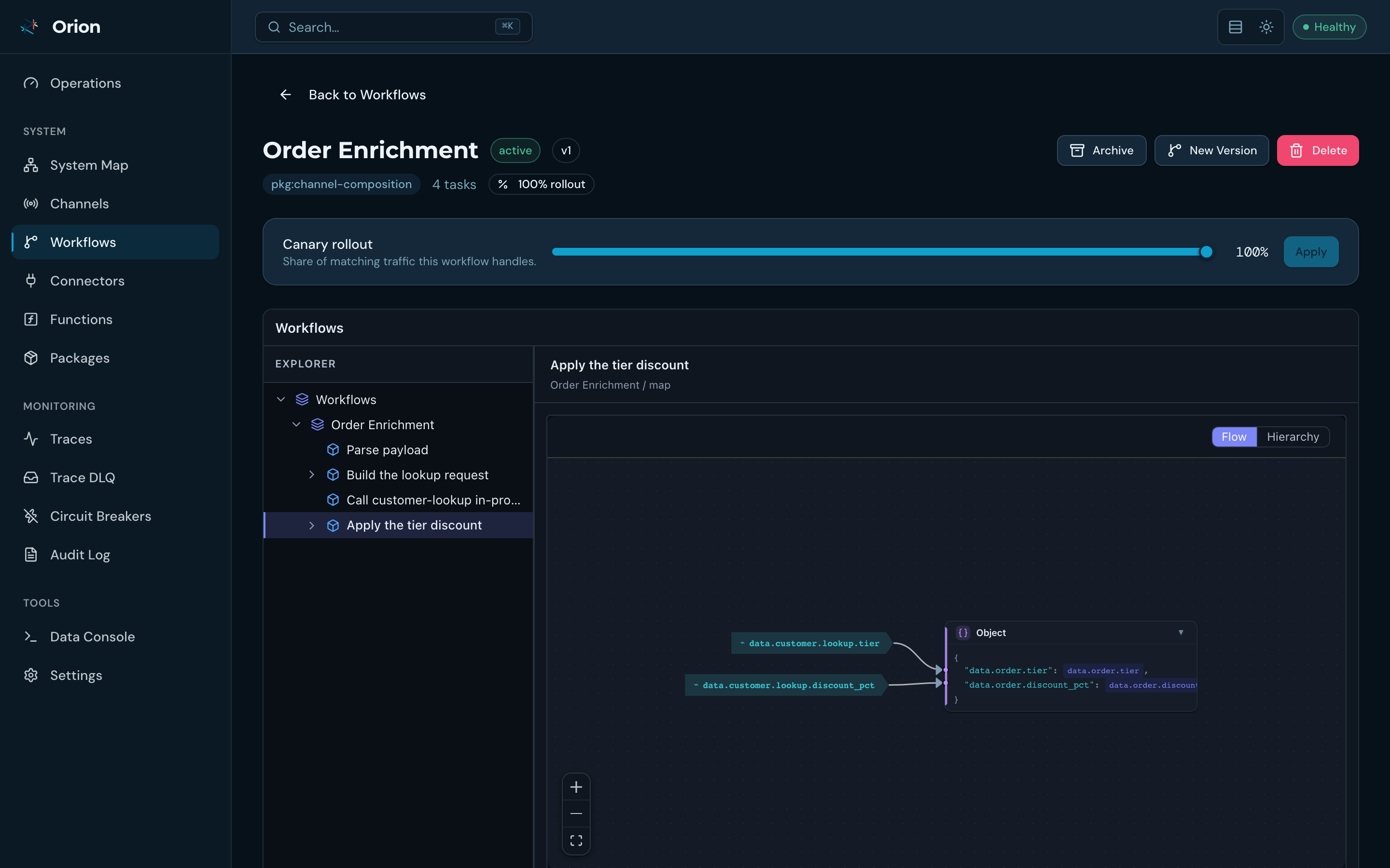 Workflow detail: task explorer with the selected task's JSONLogic rendered as a flow graph