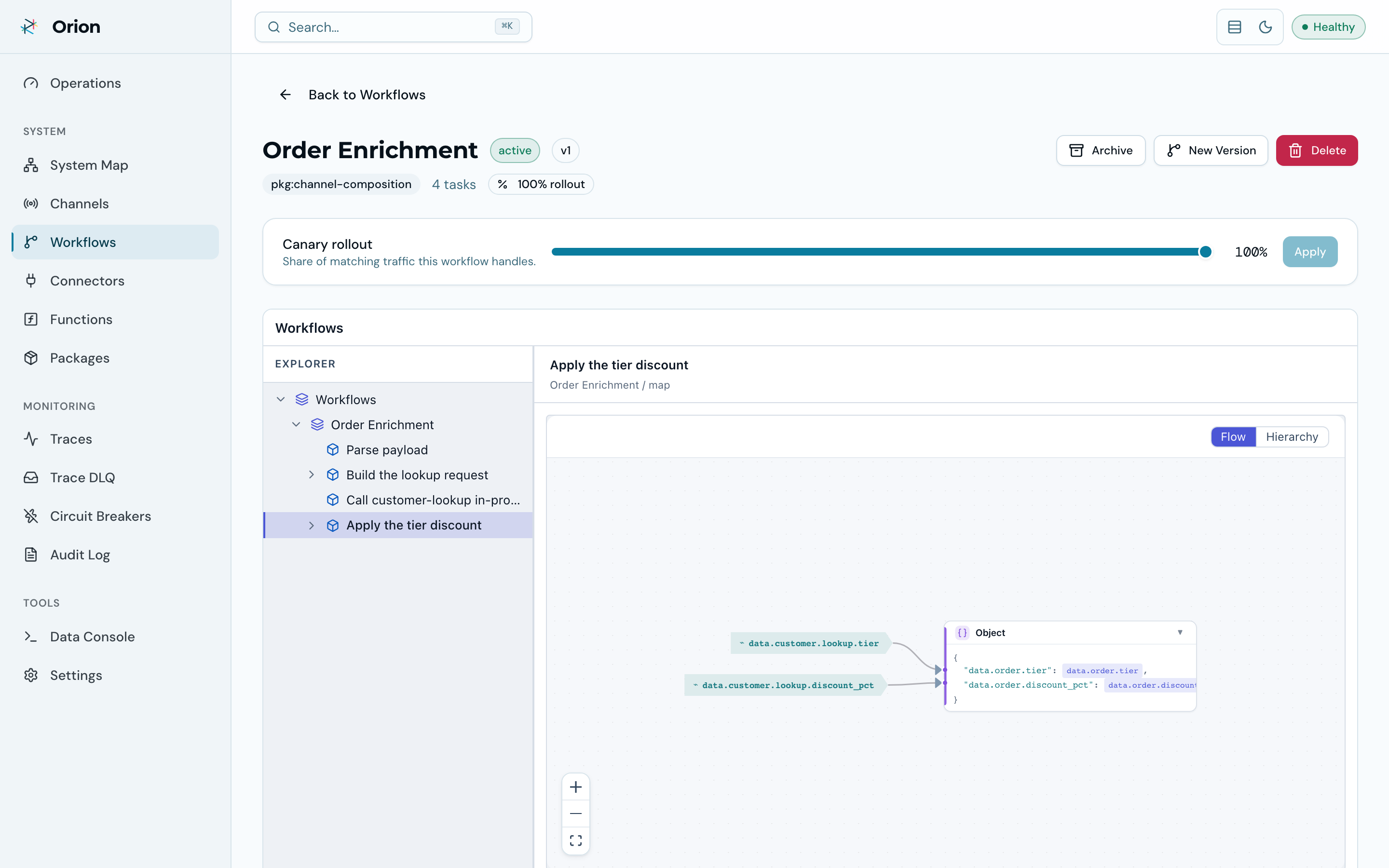Workflow detail: task explorer with the selected task's JSONLogic rendered as a flow graph